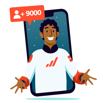 Ilustración de un astronauta celebrando el crecimiento de seguidores en redes sociales en referencia a la conversión de visitas en clientes gracias a Escala