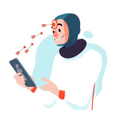 Ilustración de astronauta recibiendo flechas de juguete en su frente en referencia a la generación de demanda por productos y servicios con Escala como plataforma de marketing y ventas todo en uno para el crecimiento de negocios
