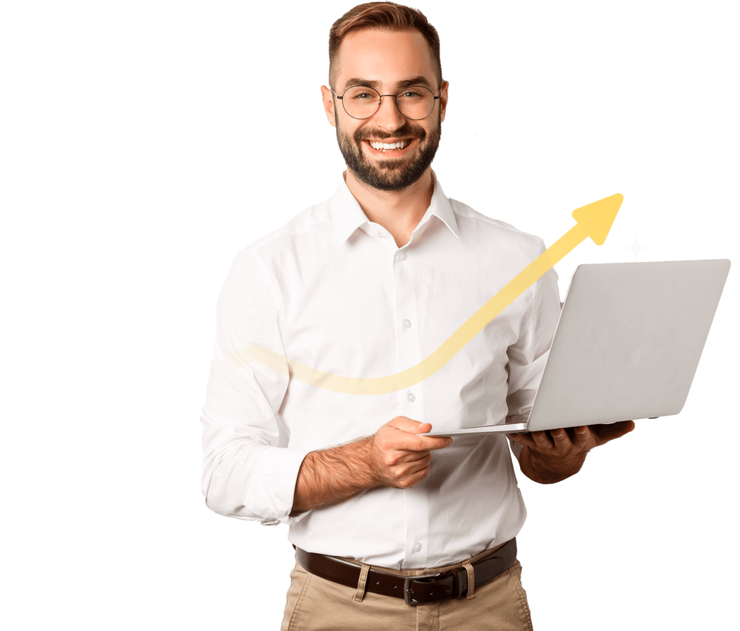 Ilustración de un hombre con un computador en sus manos y gráficos de crecimiento a su alrededor en referencia a Escala como la plataforma de marketing y ventas ideal para el crecimiento de negocios en línea