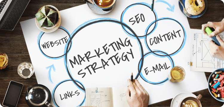 Ilustración de todas las estrategias de marketing que un negocio puede aplicar, Links, SEO, marketing de contenidos, email marketing