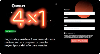 Ejemplo de landing page Hotmart para invitación a webinars