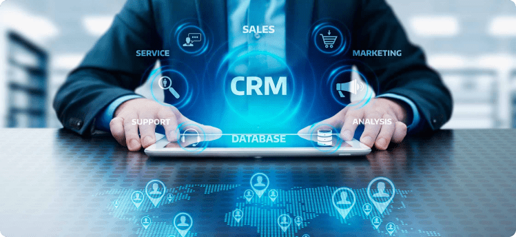 Símbolos de CRM, Marketing, Servicio y Database en referencia a una estrategia CRM