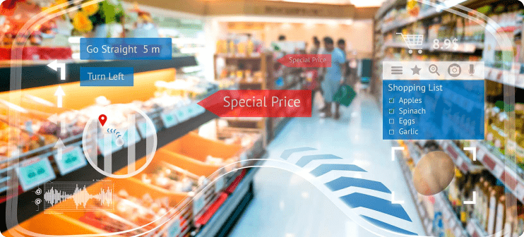 Tienda de víveres comestibles con símbolos y letras de ecommerce que relacionan la experiencia de compra offline con el marketing 4.0