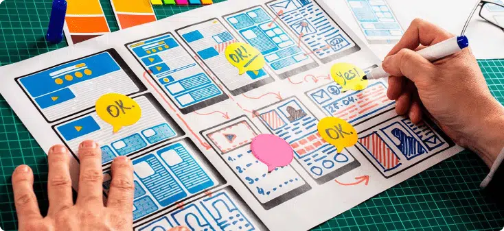 Ilustración de una hoja con un embudo constituidos de landing pages
