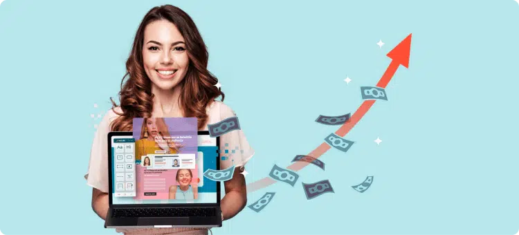 Ilustración de una mujer sosteniendo un portátil en sus manos con una landing page y una gráfica de crecimiento y dinero saliendo de ella en referencia a las conversiones de las landings creadas con Escala