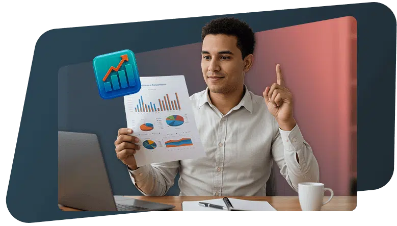 Ejecutivo mostrando métricas de ventas clave en un reporte con gráficos para analizar el rendimiento comercial