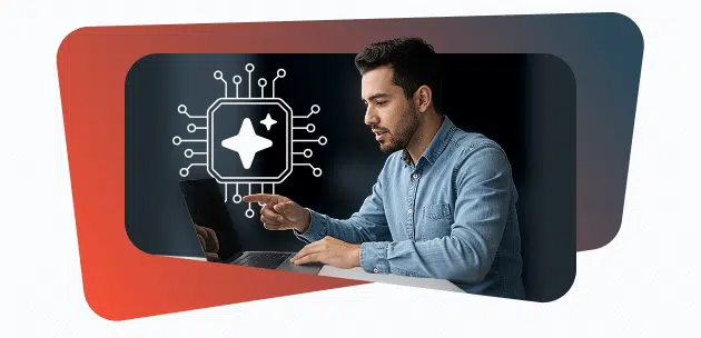 Ejecutivo usando inteligencia artificial para automatizar procesos de ventas desde su computadora