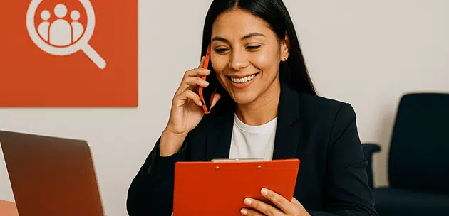 Mujer realizando prospección de clientes por teléfono y gestionando leads calificados con apoyo de herramientas digitales