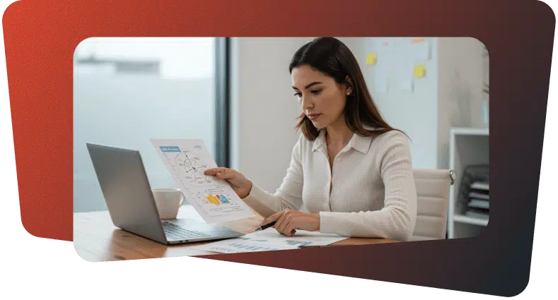 Ejecutiva revisando gráficos de ventas y flujos de gestión comercial apoyada por Escala CRM, para optimizar procesos y tomar decisiones estratégicas