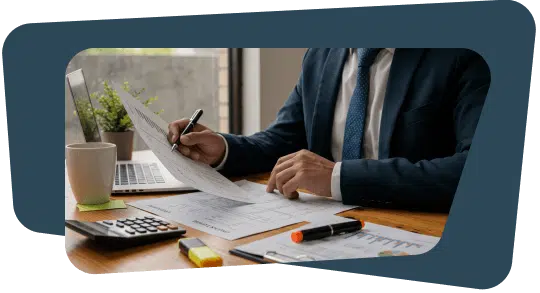 Ejecutivo revisando reportes financieros y calculando gastos de venta en la oficina para optimizar costos