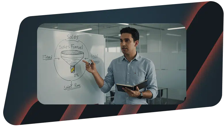 Asesor comercial explicando el ciclo de ventas en una pizarra con embudo de ventas, para mejorar procesos y aumentar conversiones